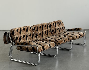 German Tubular Steel Space Age Chrome Sofa in Geometric Velvet, Bauhaus Style, 1970s