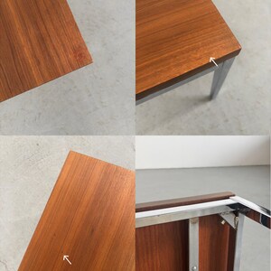 Op de afbeelding: Een rechthoekige houten tafel met een roodbruine afwerking en een verchroomd metalen frame. Het tafelblad is van hout en de poten zijn van metaal. De tafel is ongeveer 122 cm lang en 61 cm breed.
