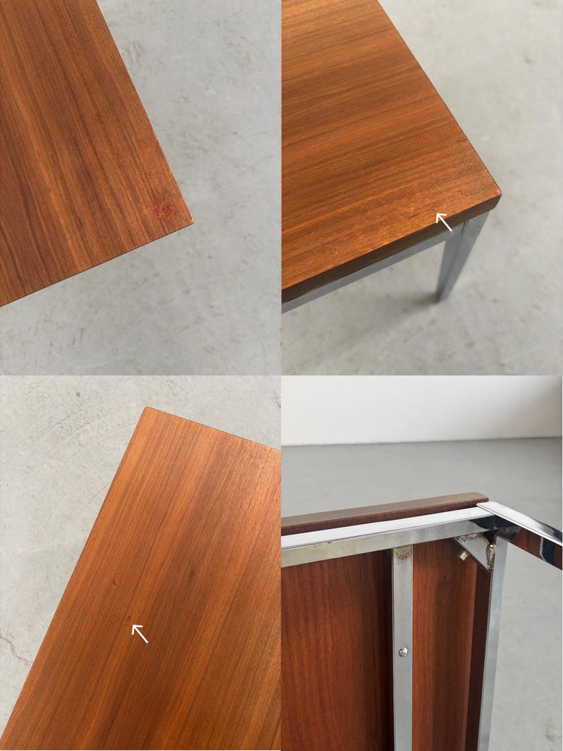Op de afbeelding: Een rechthoekige houten tafel met een roodbruine afwerking en een verchroomd metalen frame. Het tafelblad is van hout en de poten zijn van metaal. De tafel is ongeveer 122 cm lang en 61 cm breed.