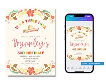 It's a Three-Esta, Birthday Party Invitation, Customizable Digital Download