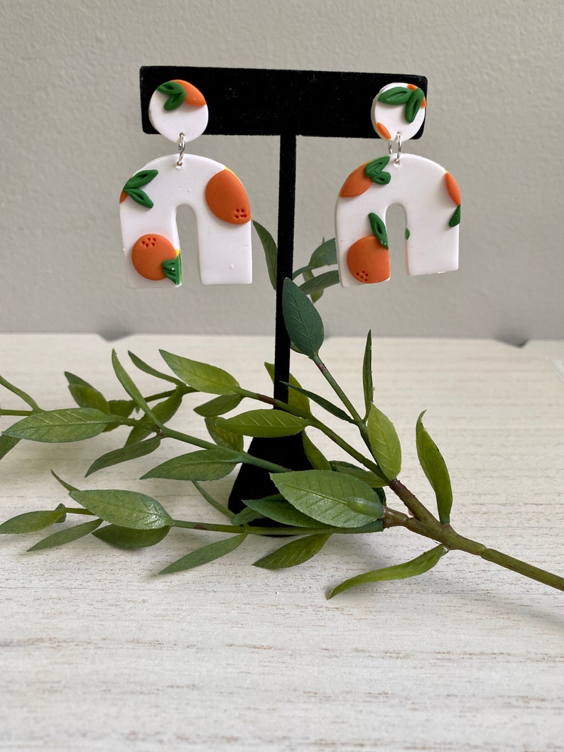 Orange Print Dangle Earrings Handmade Polymer Clay Orange Earrings Citrus Earrings image 3