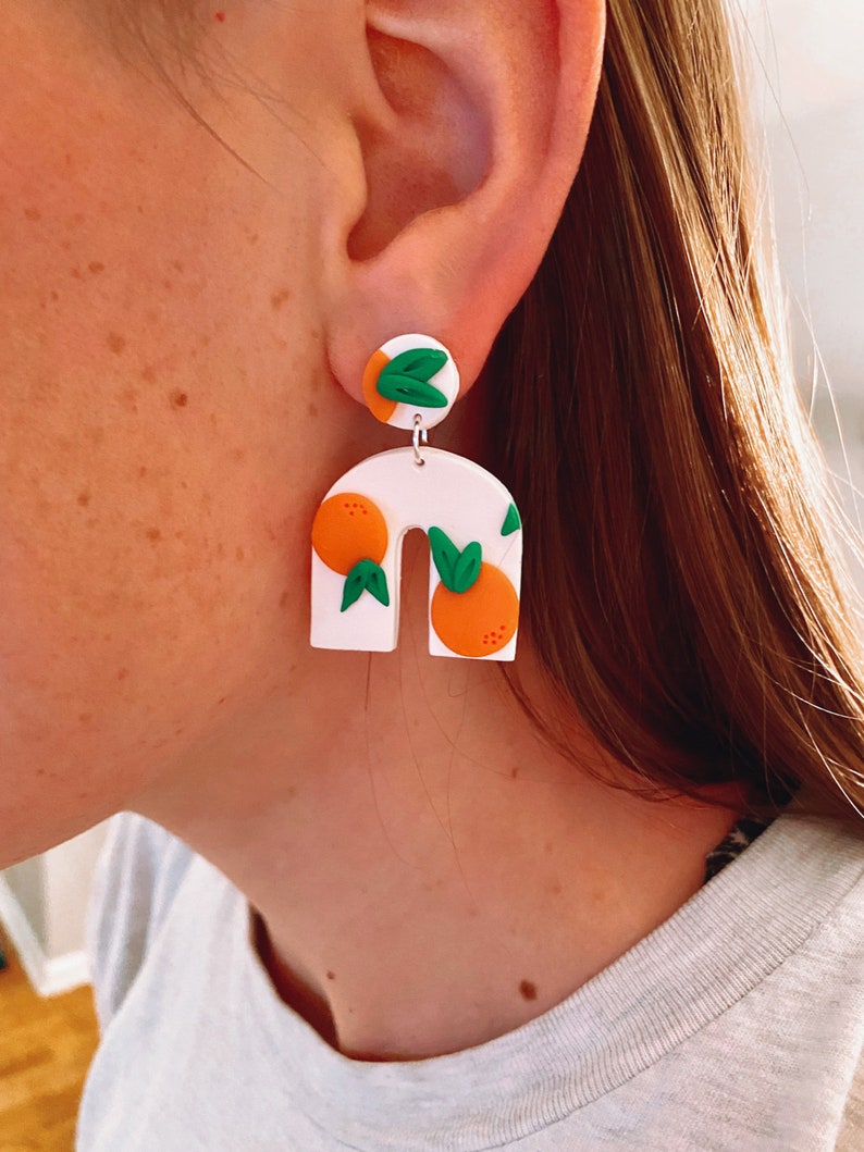 Orange Print Dangle Earrings Handmade Polymer Clay Orange Earrings Citrus Earrings image 5