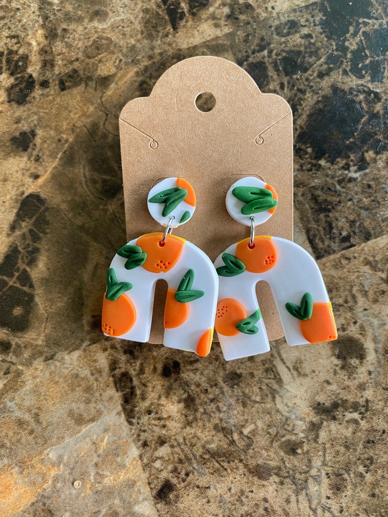 Orange Print Dangle Earrings Handmade Polymer Clay Orange Earrings Citrus Earrings image 4