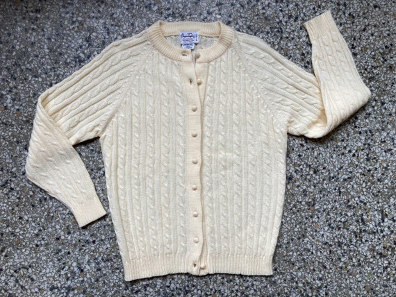 Ivory/Pale Yellow Cable Knit Cardigan, Size M - image 4