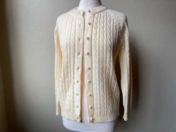 Ivory/Pale Yellow Cable Knit Cardigan, Size M - image 1