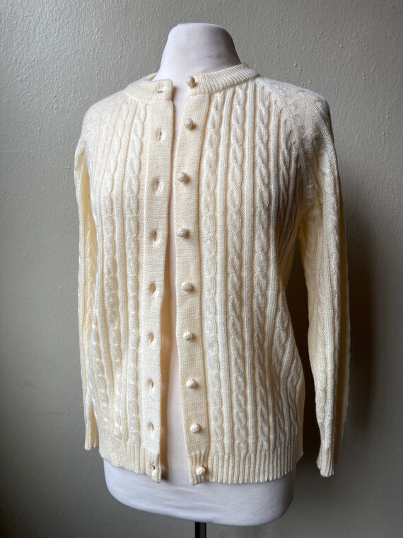 Ivory/Pale Yellow Cable Knit Cardigan, Size M - image 2