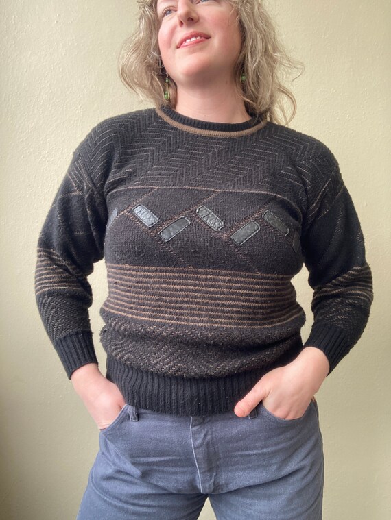 90's Black & Brown Knit Pullover, Size S - image 1