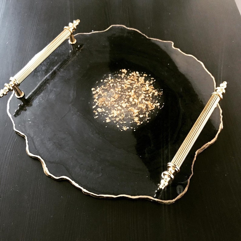 Black resin tray with gold handles Black and gold display Etsy