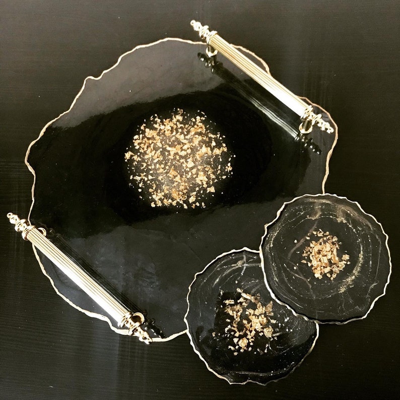 Black resin tray with gold handles Black and gold display Etsy