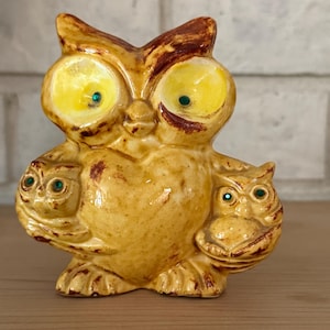Vintage Ceramic Owl Figurine with Babies, Green Gem Eyes - Made in USA