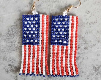 Awesome Flag Earrings made out of Red, White and Blue Seed Beads with a Gold Plated Hook ( 2 1/2"H ) • Patriotic Jewelry • 4th of July Gifts