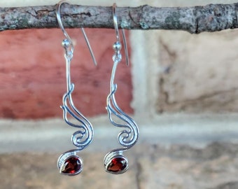 Genuine Garnet and 925 Sterling Silver Earrings set in a Modern Swirl Design ( 1 1/4"H ) • Gifts for Her • Handmade • Zen Design • Boho