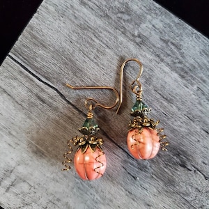 Darling Pumpkin Earrings with Swarovski Crystal Stems & Wire Wrapped Vines on Brass Earwires
