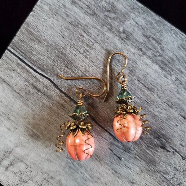 Darling Pumpkin Earrings with Swarovski Crystal Stems & Wire Wrapped Vines on Brass Earwires