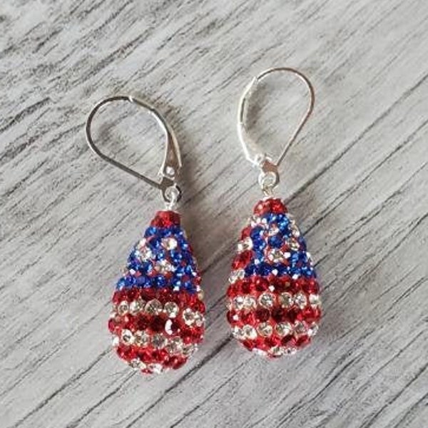 Gorgeous Red, White, & Blue Swarovski Crystal Teardrop Earrings With A Flag Design