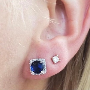 Silver & Royal Blue Crystal Post Earrings With A Crystal Encrusted Frame