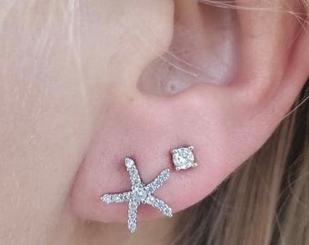 Silver Starfish Post Earrings With Crystal Accents