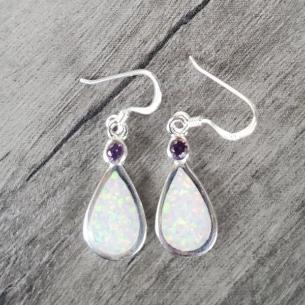 Sterling Silver & Opal Teardrop Earrings With An Amethyst Accent!
