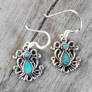 Sterling Silver & Inlaid Turquoise Intricate Cut Design Earrings