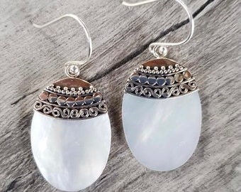 Sterling Silver & Mother Of Pearl Earrings With An Intricate Cap Design