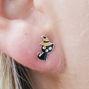 Sterling Silver Black Cat Stud Earrings with Darling Witches Hats