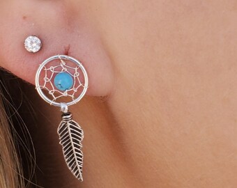 Sterling Silver Gods Eye Post Earrings With A Dangling Feather & Turquoise Accent Stone