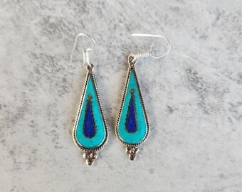 Genuine Lapis & Turquoise Unique Teardrop Earrings Set In Tibetan Coin Silver (1 1/2" H) • Gifts for Her • Trending • Handmade • Boho • Zen