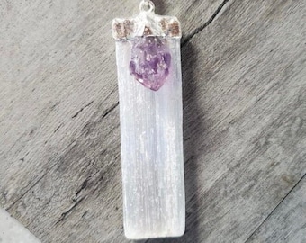 Beautiful Selenite & Amethyst Pendant Encrusted In Silver Plating on a 24" Silver Plated Chain
