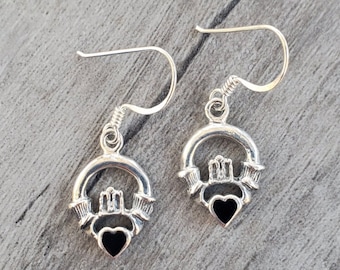 Sterling Silver Claddagh Earrings with an Onyx Stone