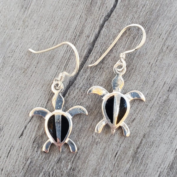 Sterling Silver & Onyx Inlaid Turtle Earrings!