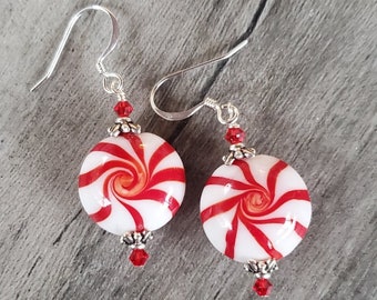 Darling Red & White Christmas Candy Earrings with Red Swarovski Crystal Accents and Silver Findings!