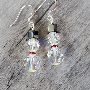 Swarovski Crystal Snowmen Earrings with a Red Crystal Accent Scarf