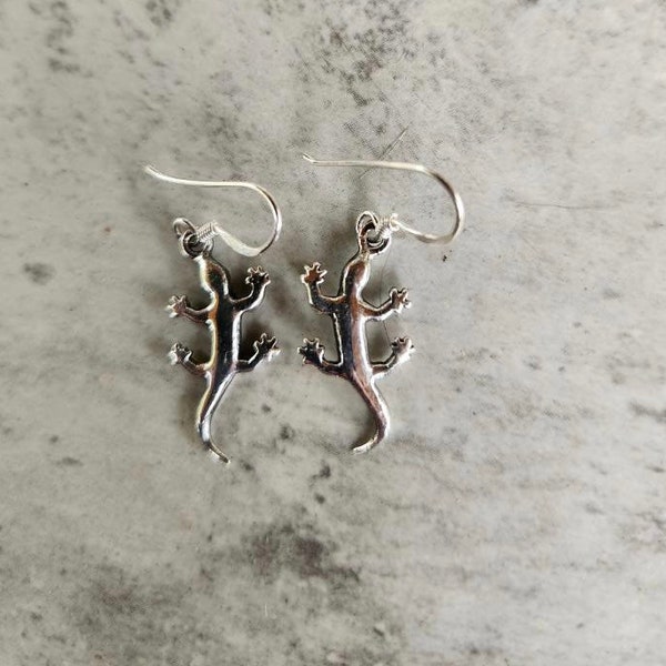 925 Sterling Silver Lizard Earrings ( 7/8"H ) • Gifts for Her • Handmade • Trending • Bohemian • Animal Earrings • Insect Jewelry