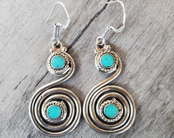 Tibetan Coin Silver & Turquoise Wire Wrapped Swirl Earrings!
