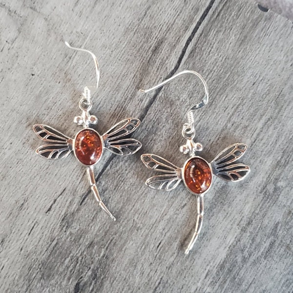 Amber & Sterling Silver Dragonfly Earrings • Gifts for Her • 925 • Insects • Unique • Stone Jewelry • Trending • Minimalist • Unique