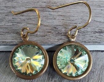 Beautiful Pale Green Swarovski Crystal Earrings with a Brass Setting & Earwires