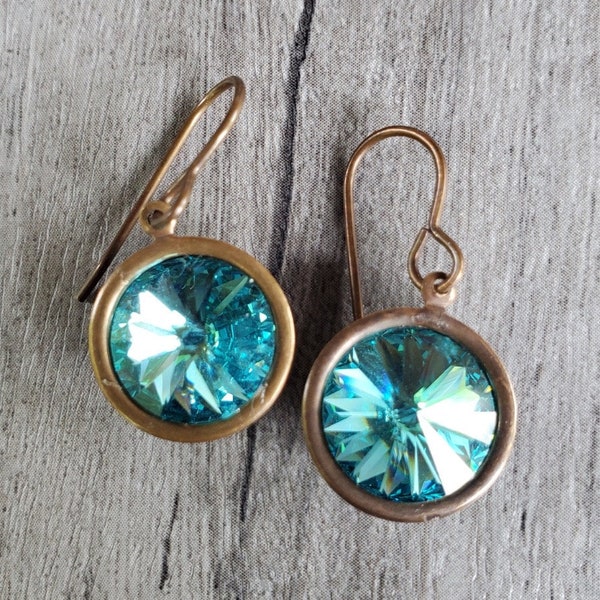 Gorgeous Sky Blue Swarovski Crystal & Brass Earrings!