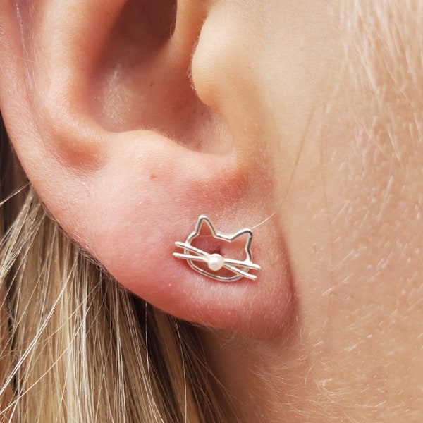 Sterling Silver Stud Cat Earrings with a Small Pearl Nose
