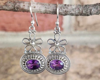 Genuine Amethyst Intricate Flower Design Earrings set in 925 Sterling Silver ( 1"H ) • Gifts for Her • Handmade • Floral • Botanical • Boho