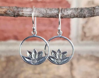 925 Sterling Silver Lotus Flower Design Earrings ( 3/4"H ) • Gifts for Her • Handmade • Floral • Botanical • Garden Lover Jewelry • Boho