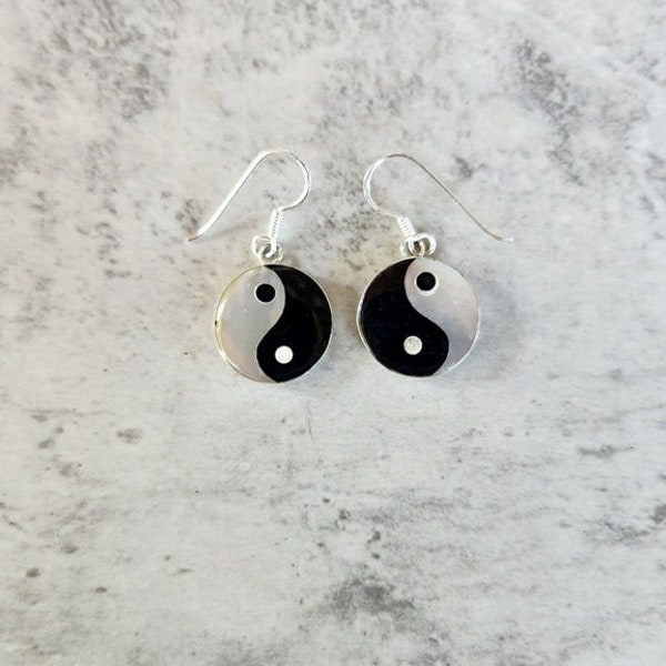 Genuine Mother of Pearl & Black Onyx 925 Sterling Silver Ying Yang Design Earrings • (3/4"H) • Trending • Gifts for Her • Great for Teens