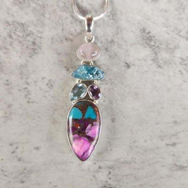 Genuine Pink Spiny Oyster Turquoise, Blue Topaz, Rose Quartz and Tourmaline Pendant set in 925 Sterling Silver on  18" Sterling Chain2 1/2"H