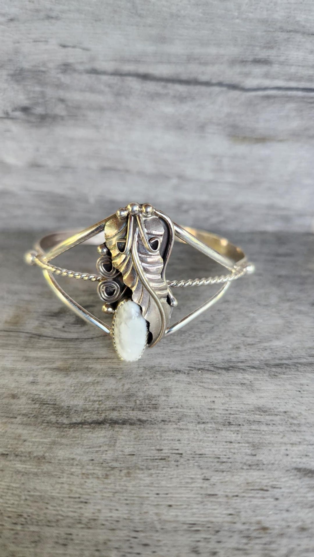 Genuine Howlite Intricate Leaf Design Cuff Bracelet Set in 925 Sterling ...