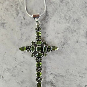 Genuine Peridot and 925 Sterling Silver Cross pendant on and 18&quot; Sterling Silver Chain 3 1/4 &quot; H x 1 3/4 &quot; W • Gifts for Her • Handmade