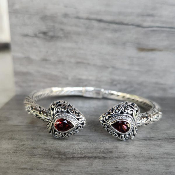 Genuine Garnet Two Stone Cuff Bracelet with a Intricate Heart Design set in 925 Sterling Silver • Gifts for Her • Handmade • Birthstones