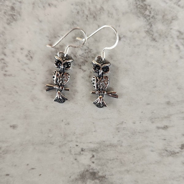 Super Cute 925 Sterling Silver Owl Earrings with a Dangling Tail ( 3/4"H ) • Gifts for Her • Handmade • Trending • Animal Lover Jewelry