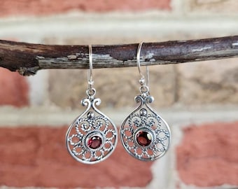 Genuine Garnet And 925 Sterling Silver Teardrop Earrings in a Intricate Teardrop Cutout Design • Gifts For Her • Boho • Trending • Garnet