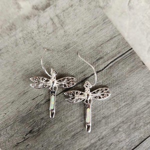Genuine Opal and 925 Sterling Silver Firefly/Dragonfly Earrings ( 1"H ) • Gifts for Her • Handmade • Trending • Minimalist • Insect Earrings