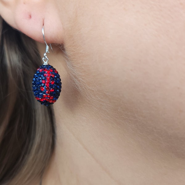 Navy and Red Swarovski Crystal Football Earrings set in 925 Sterling Silver. New England Patriot, Houston Texans or Baltimore Raven Fans!