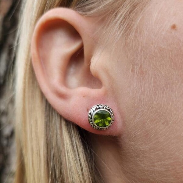 Genuine Peridot & 925 Sterling Silver Brighton Inspired Circular Post Earrings • Gifts For Her • Handmade • Trending • Unique • Boho • Zen